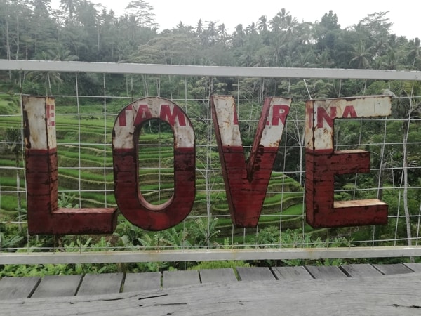 LOVE Zeichen vor Reisfeld auf Bali.